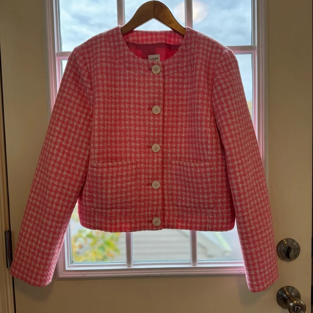 J. Crew Tweed Patch Pocket Lady Jacket, Size 8, Bubblegum Pink and White - Picture 2 of 10